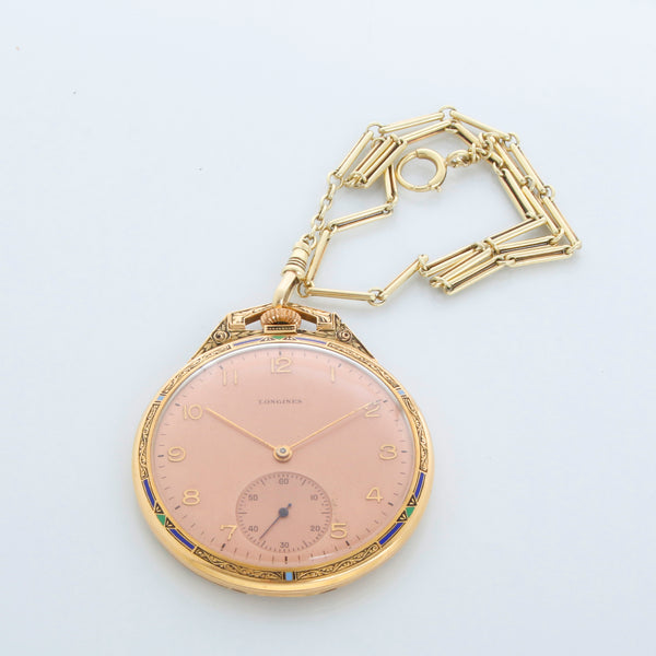 Longines 18k Gold  with Green Blue & Black Enamel Art Deco Pocket Watch With Chain