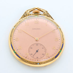Longines 18k Gold  with Green Blue & Black Enamel Art Deco Pocket Watch With Chain