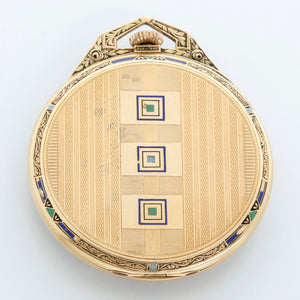 Longines 18k Gold  with Green Blue & Black Enamel Art Deco Pocket Watch With Chain
