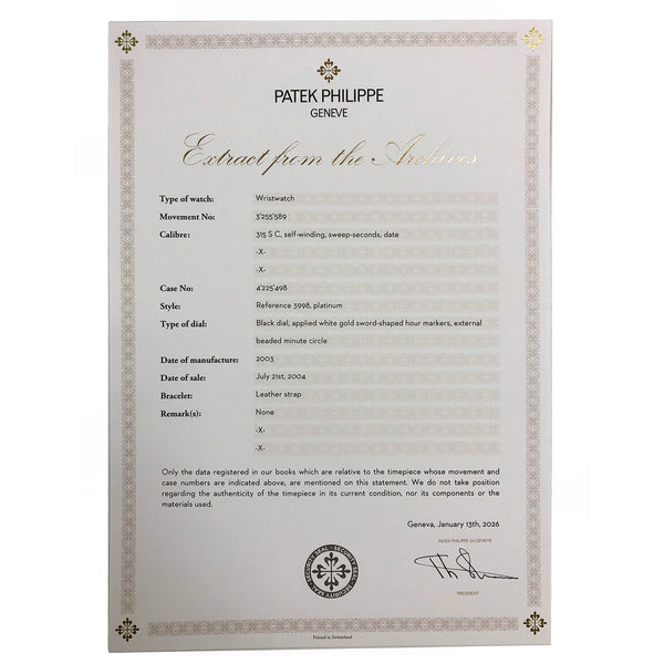 Very Rare Patek Philippe Calatrava Platinum Ref 3998 P Black Dial  Men's Watch