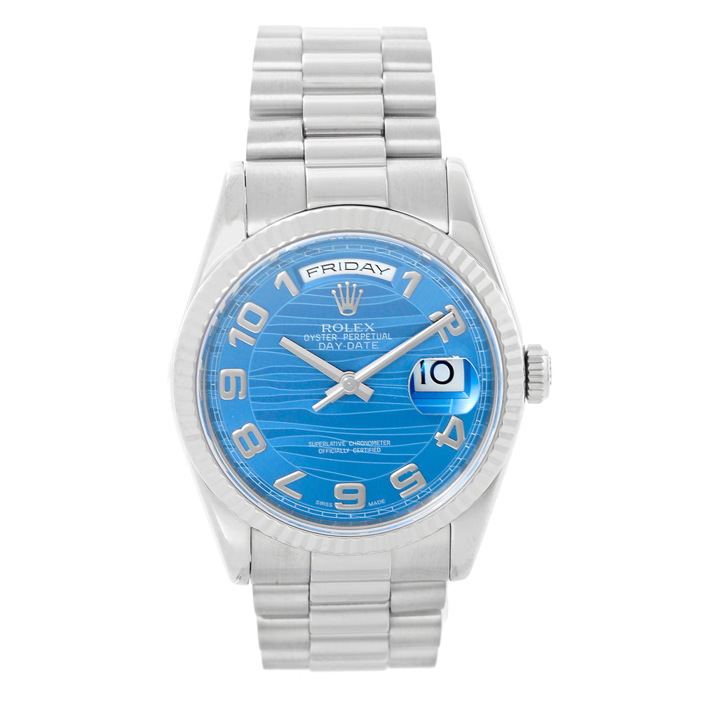 Rolex Day-Date President 18K White Gold Wave Dial Watch 118239