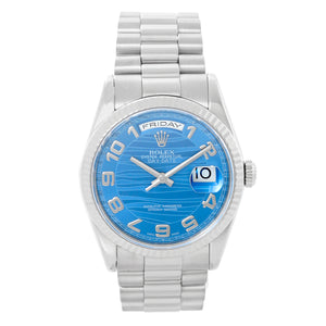 Rolex Day-Date President 18K White Gold Wave Dial Watch 118239