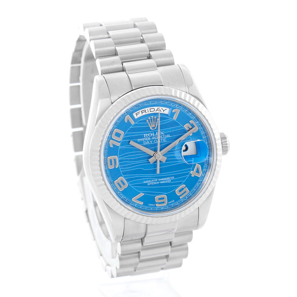 Rolex Day-Date President 18K White Gold Wave Dial Watch 118239