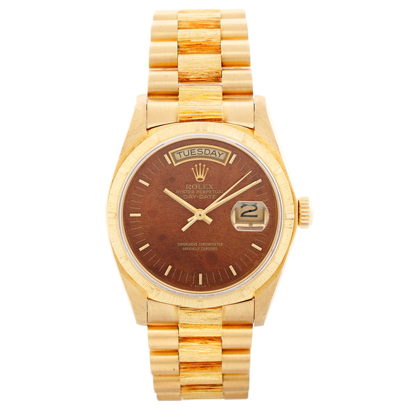 Rolex Day-Date Bark President 18K Yellow Gold Burwood Dial Watch 18078
