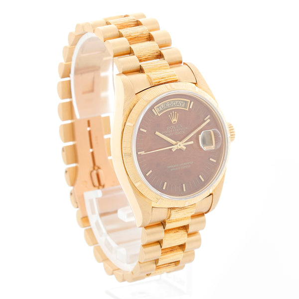 Rolex Day-Date Bark President 18K Yellow Gold Burwood Dial Watch 18078