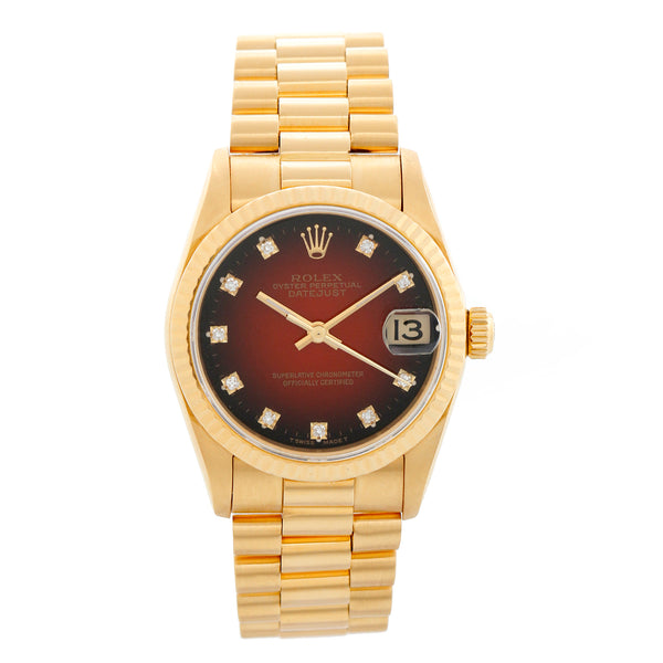 Rolex Datejust 31 Midsize Yellow Gold Red Vignette Dial Watch 78278