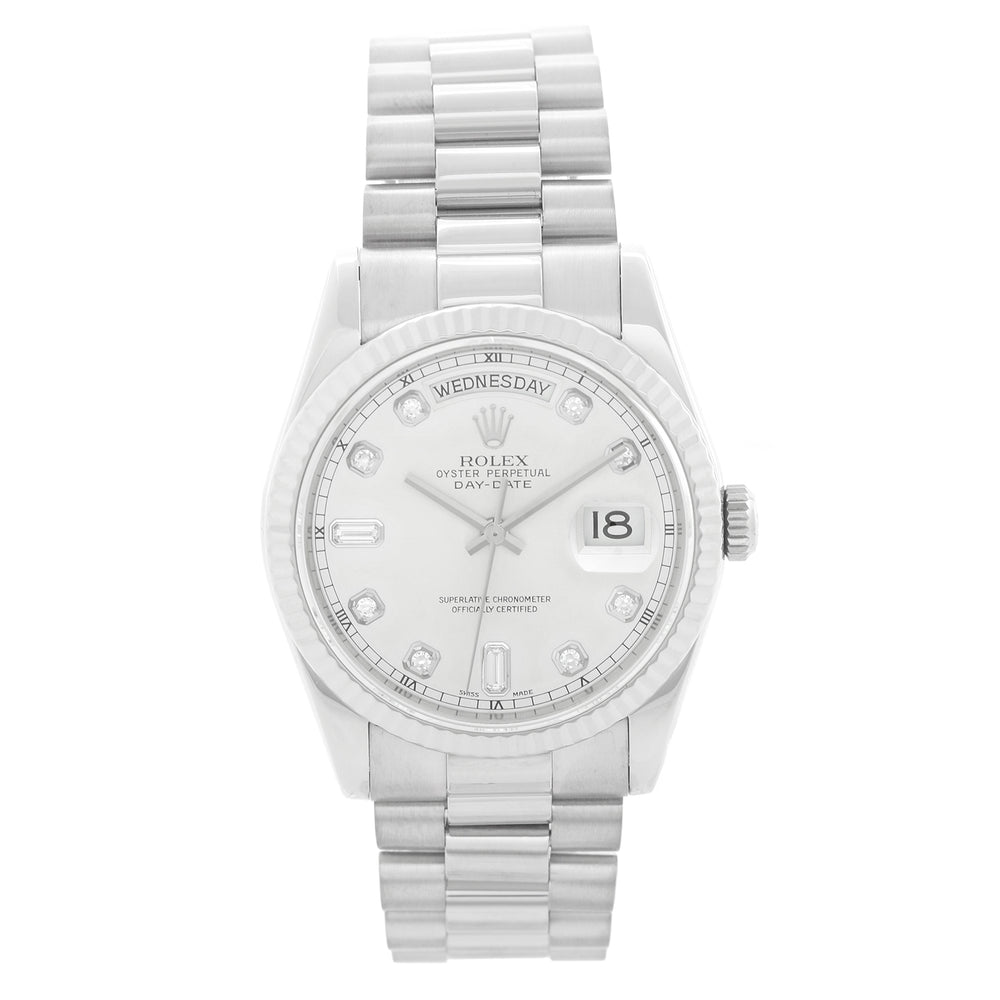 Rolex Day-Date President 18K White Gold Silver Diamond Dial Watch 118239
