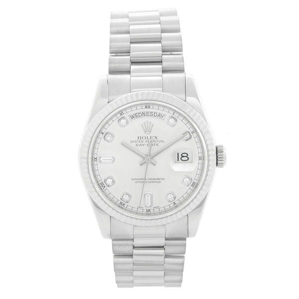 Rolex Day-Date President 18K White Gold Silver Diamond Dial Watch 118239