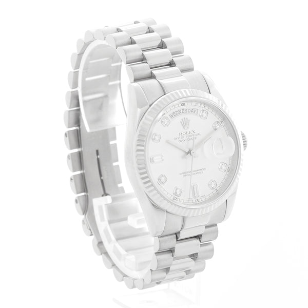 Rolex Day-Date President 18K White Gold Silver Diamond Dial Watch 118239