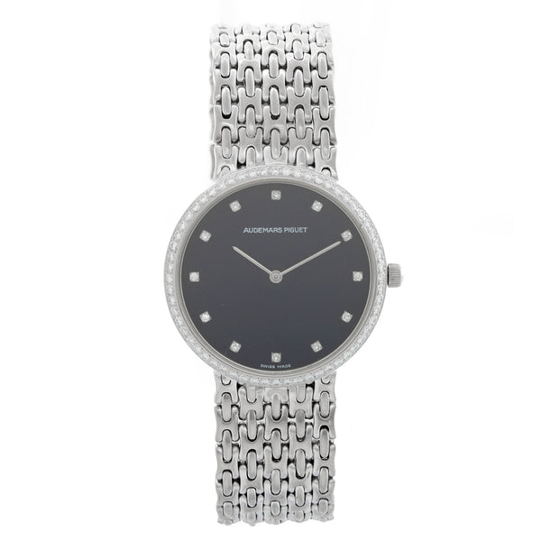 Audemars Piguet Black Diamond Dial Woven Bracelet 18k White Gold Watch