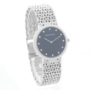 Audemars Piguet Black Diamond Dial Woven Bracelet 18k White Gold Watch