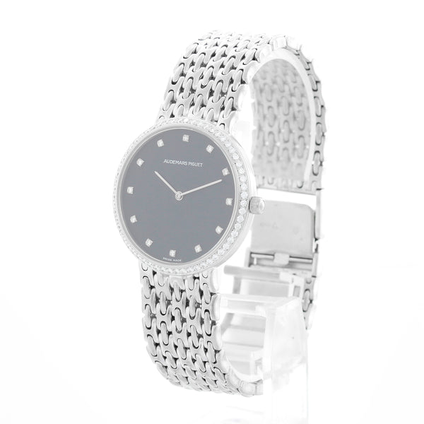 Audemars Piguet Black Diamond Dial Woven Bracelet 18k White Gold Watch