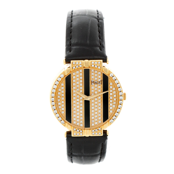 Piaget Polo 18K Yellow Gold Onyx Pave Diamond Watch Ref 8675