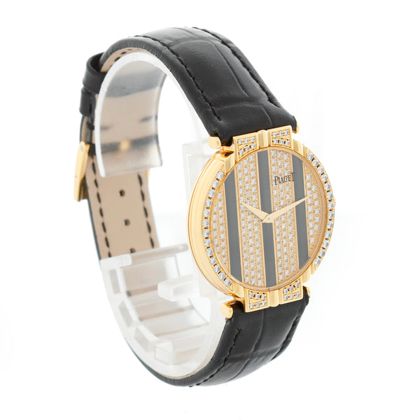 Piaget Polo 18K Yellow Gold Onyx Pave Diamond Watch Ref 8675