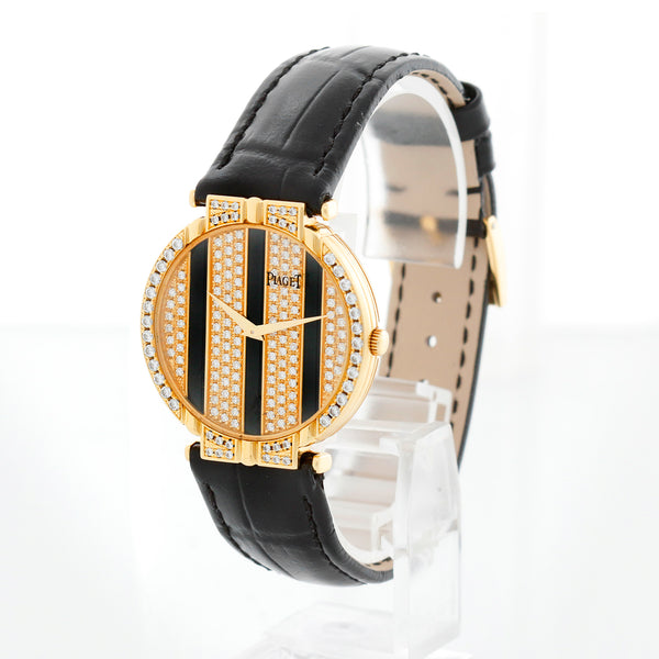 Piaget Polo 18K Yellow Gold Onyx Pave Diamond Watch Ref 8675
