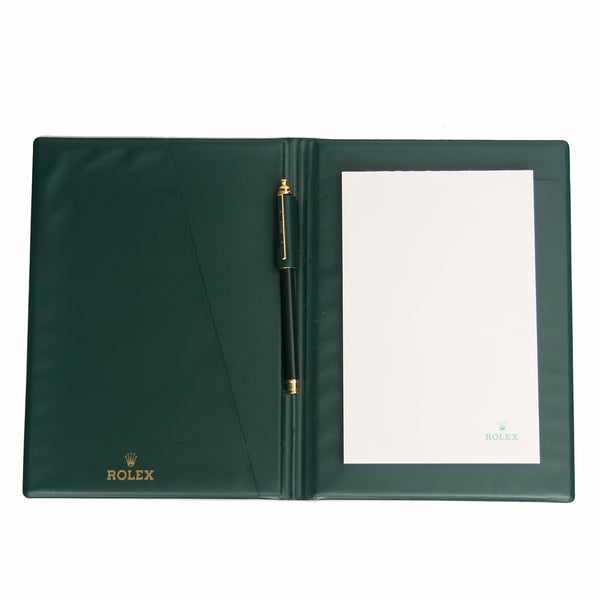 Rolex Green Leather Notepad with Yellow and Green Pen