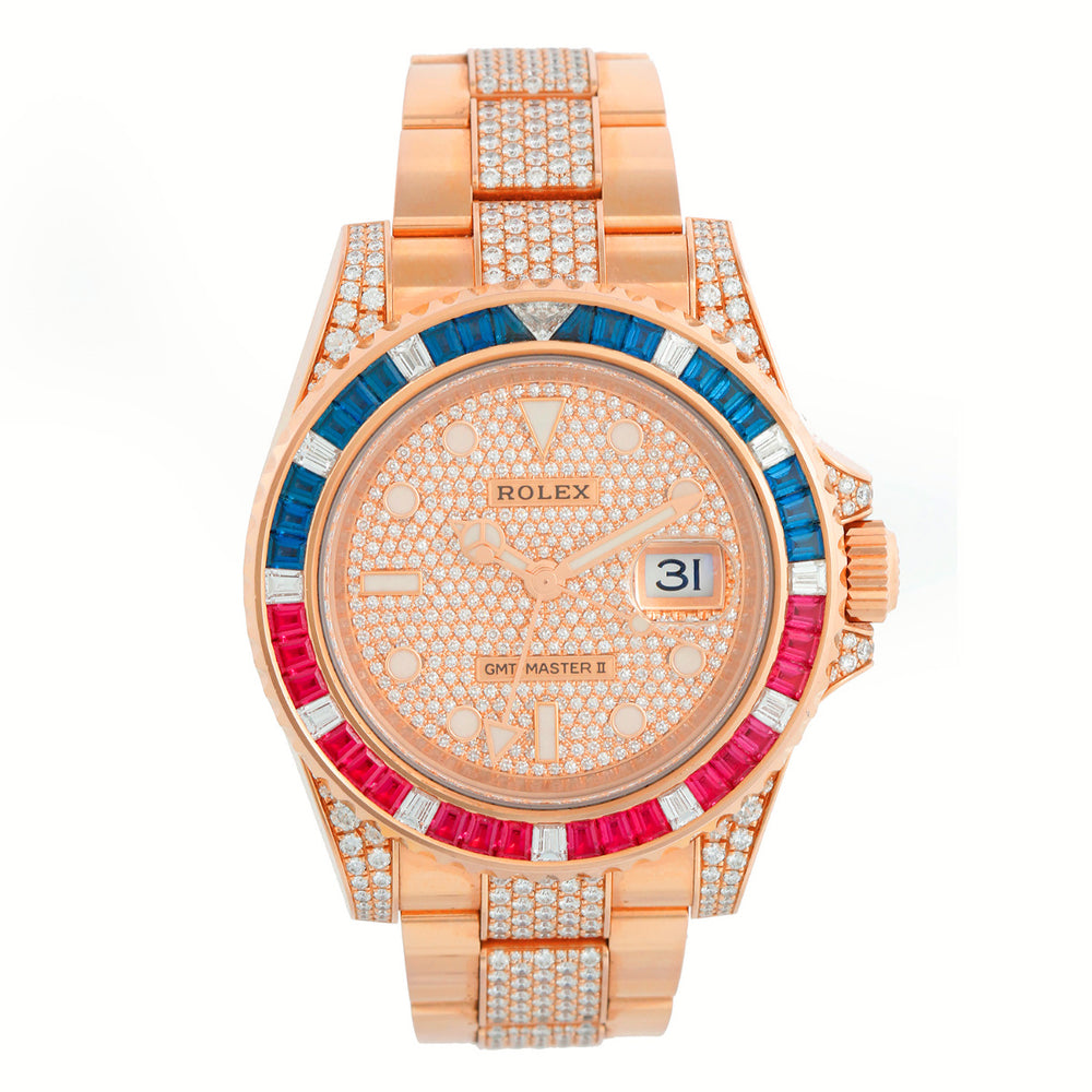 Rolex GMT-Master II Everose Gold Diamond Bracelet Sapphire & Ruby Watch 126755SARU