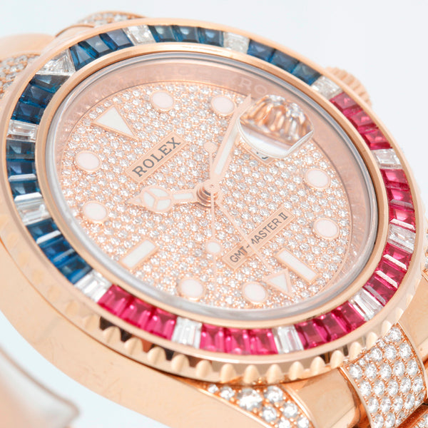 Rolex GMT-Master II Everose Gold Diamond Bracelet Sapphire & Ruby Watch 126755SARU