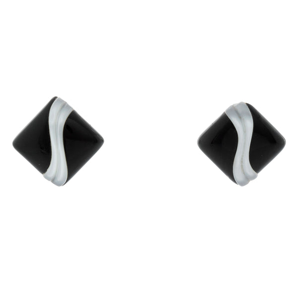 14K Gold Black Onyx & White Art Glass Square Swirl Studs