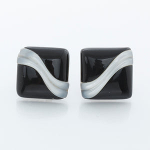 14K Gold Black Onyx & White Art Glass Square Swirl Studs
