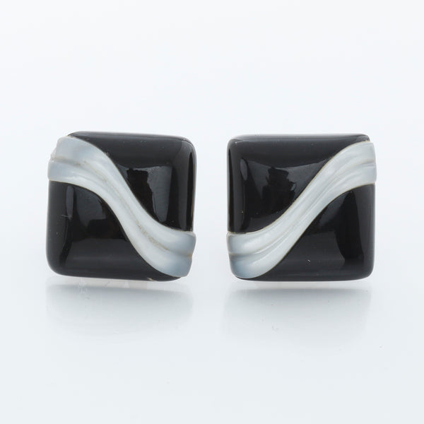 14K Gold Black Onyx & White Art Glass Square Swirl Studs