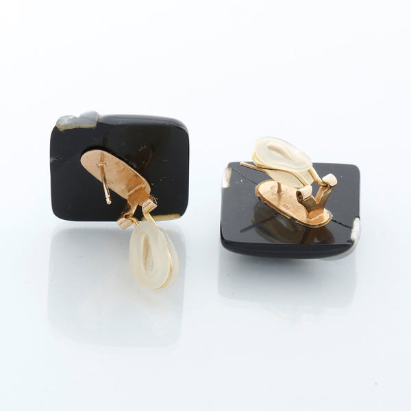 14K Gold Black Onyx & White Art Glass Square Swirl Studs