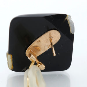 14K Gold Black Onyx & White Art Glass Square Swirl Studs