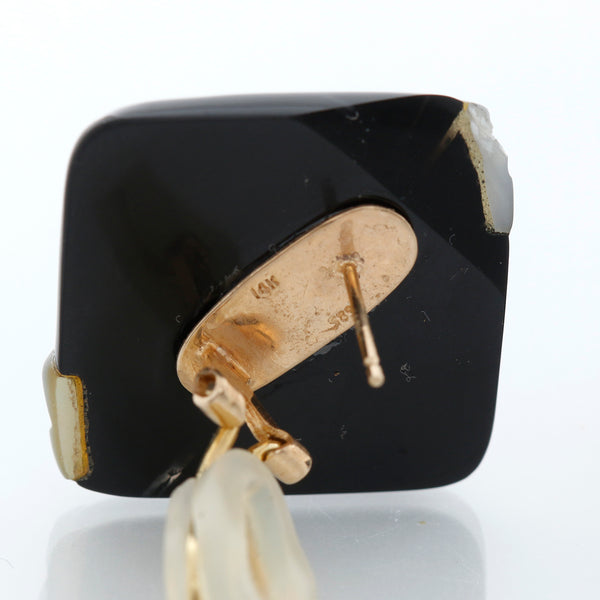 14K Gold Black Onyx & White Art Glass Square Swirl Studs