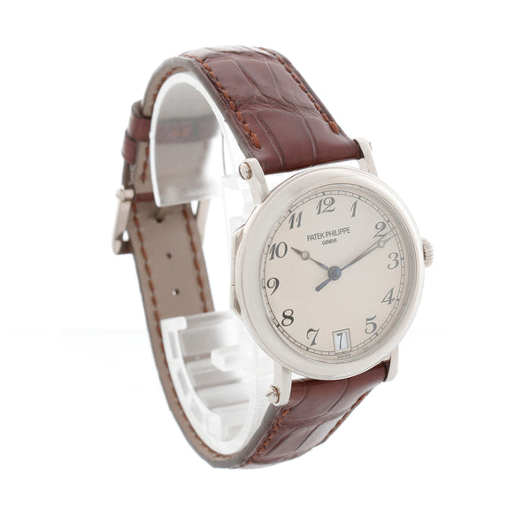 Patek Philippe Officers Calatrava 18k White Gold Watch with Hinged Back 5053-G (or 5053G)