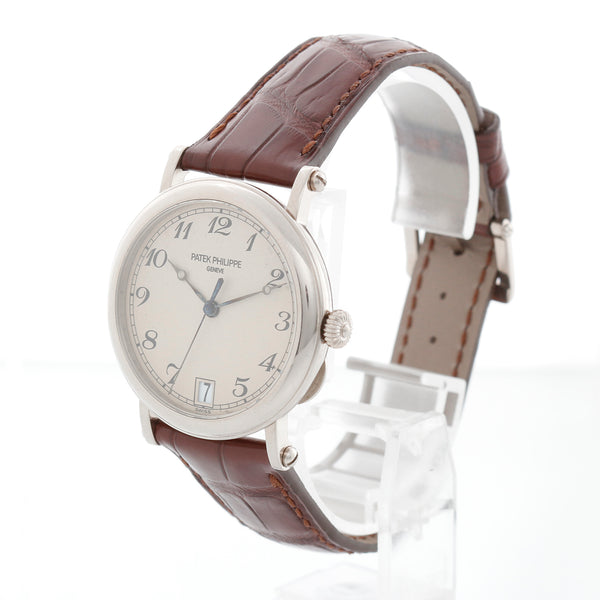 Patek Philippe Officers Calatrava 18k White Gold Watch with Hinged Back 5053-G (or 5053G)