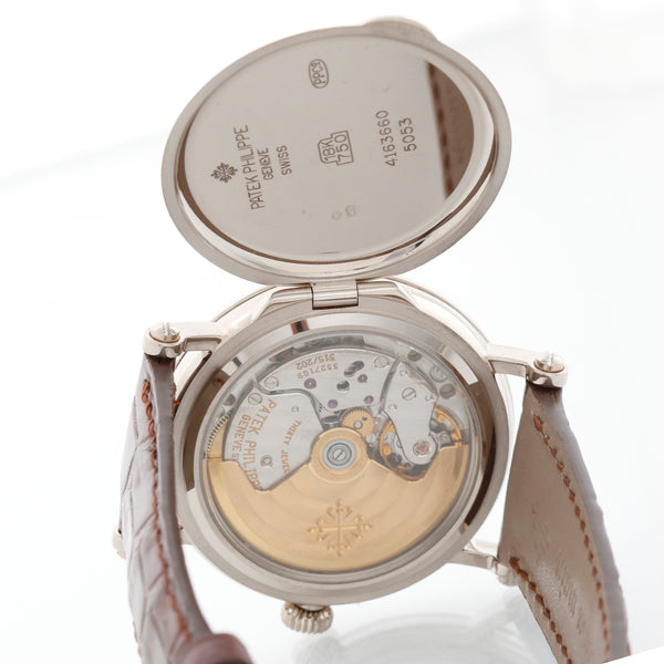Patek Philippe Officers Calatrava 18k White Gold Watch with Hinged Back 5053-G (or 5053G)