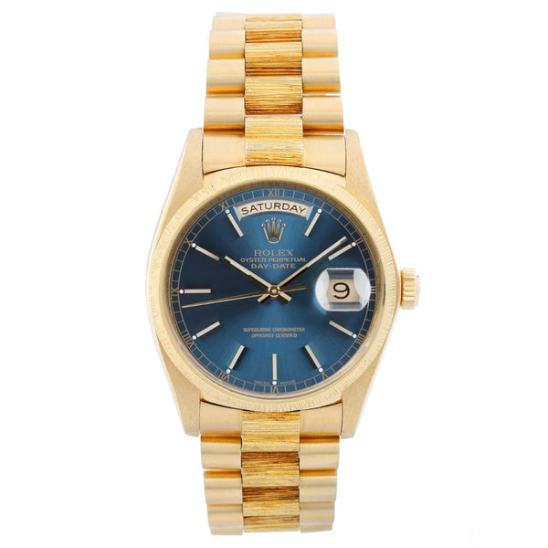 Rolex President Day-Date 18k Yellow Gold Bark Finish Watch 18078 Blue