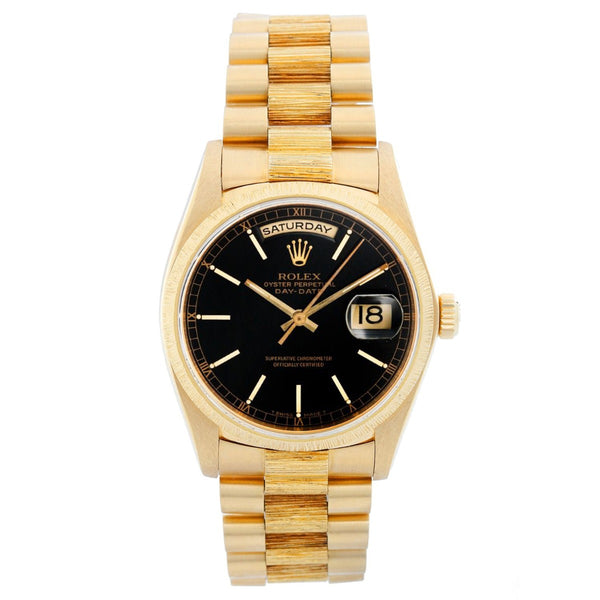 Rolex President Day-Date 18k Yellow Gold Bark Finish Watch 18078 Black