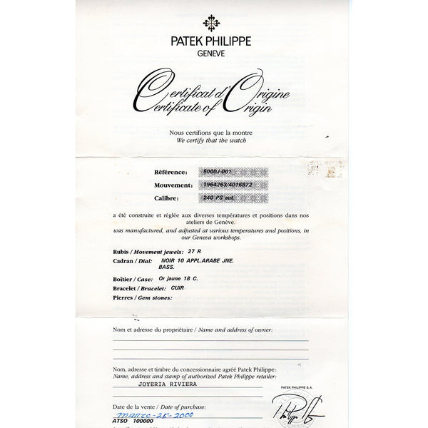 Patek Philippe 18k Yellow Gold Men's Calatrava 5000 J - 001