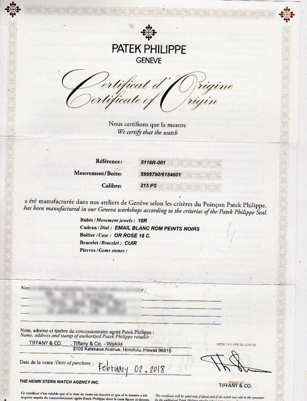 Patek Philippe with Tiffany & Co Dial Calatrava 18k Rose Gold Men's  5116R