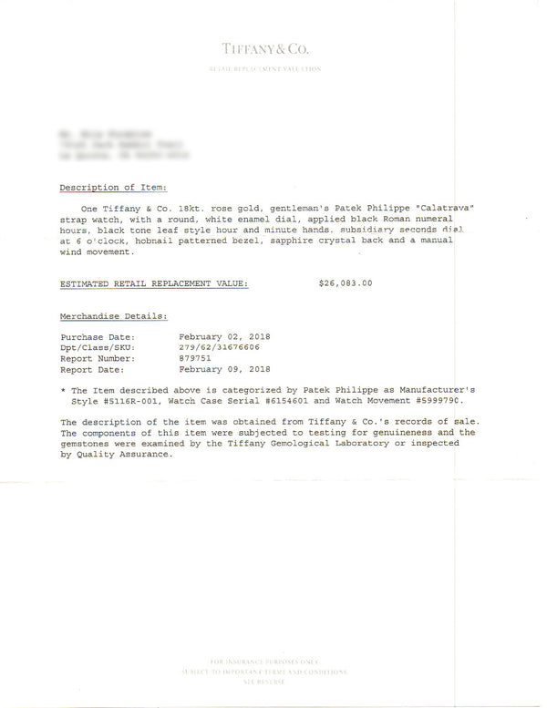 Patek Philippe with Tiffany & Co Dial Calatrava 18k Rose Gold Men's  5116R