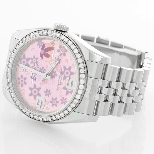 Rolex Datejust Diamond Bezel Pink Floral Dial  Men's Steel Watch 116244