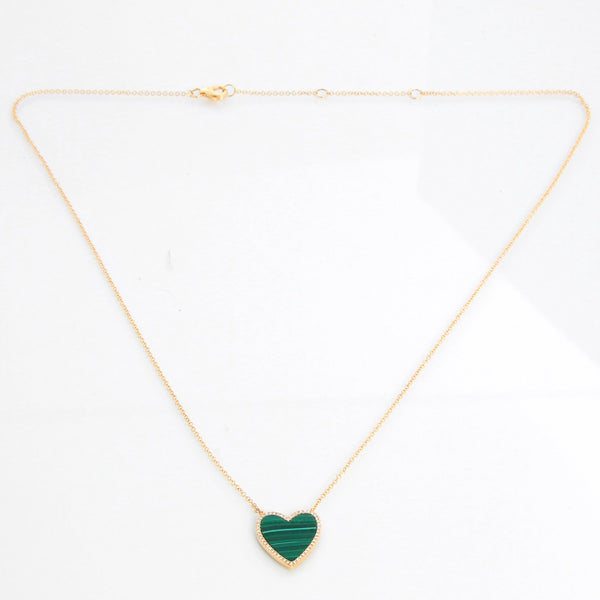 14K Yellow Gold  Malachite & Diamond Heart Necklace