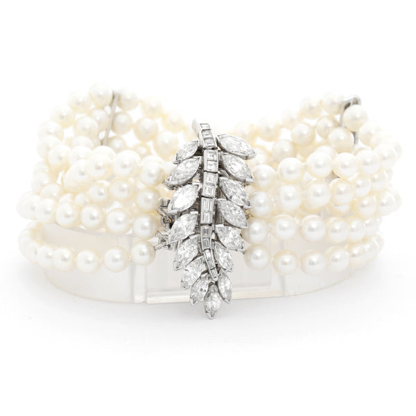 Six Strand Pearl and Diamond Bracelet