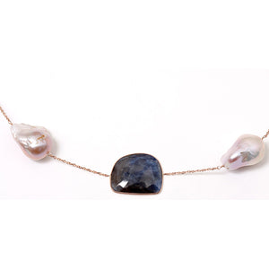 14k Rose Gold Long Necklace Multi Colored Sapphire Slices and Large Pearls