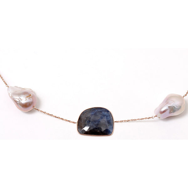 14k Rose Gold Long Necklace Multi Colored Sapphire Slices and Large Pearls