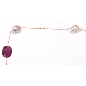 14k Rose Gold Long Necklace Multi Colored Sapphire Slices and Large Pearls