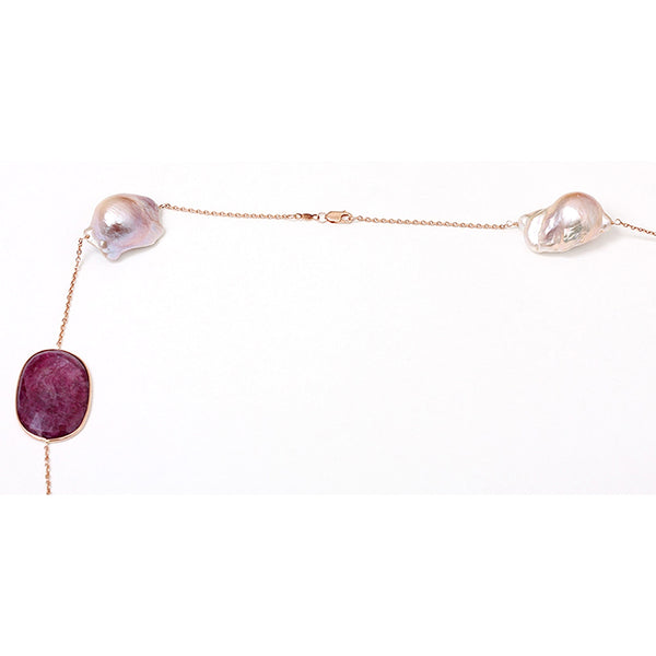 14k Rose Gold Long Necklace Multi Colored Sapphire Slices and Large Pearls