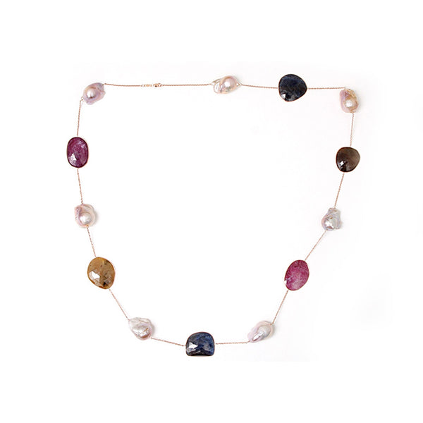 14k Rose Gold Long Necklace Multi Colored Sapphire Slices and Large Pearls