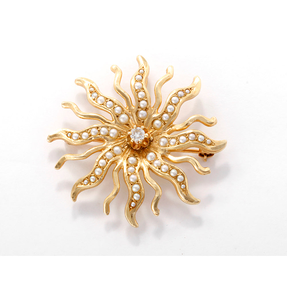 14K Yellow Gold, Diamond, and Seed Pearl Sunburst Brooch