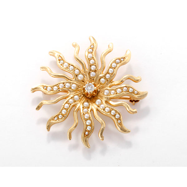 14K Yellow Gold, Diamond, and Seed Pearl Sunburst Brooch