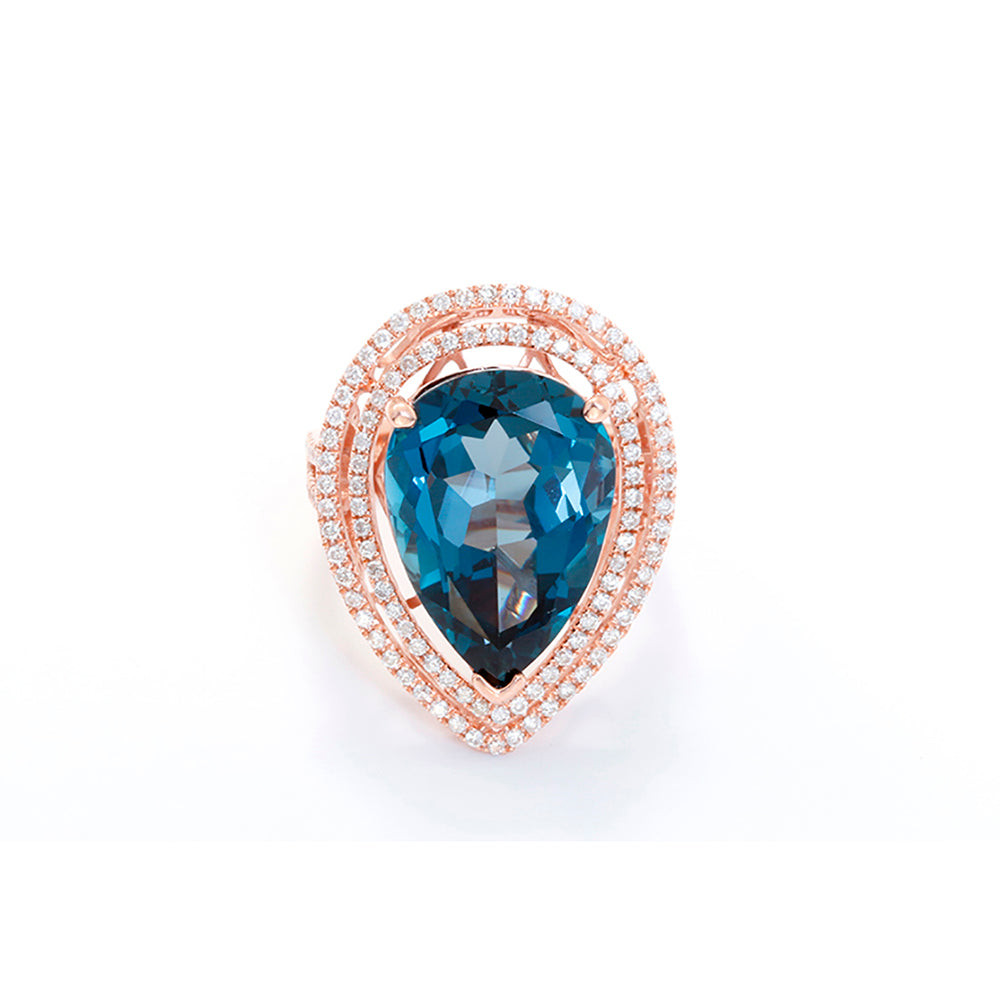 14k Rose Gold Blue Topaz and Diamond Cocktail Ring Sz. 6.75