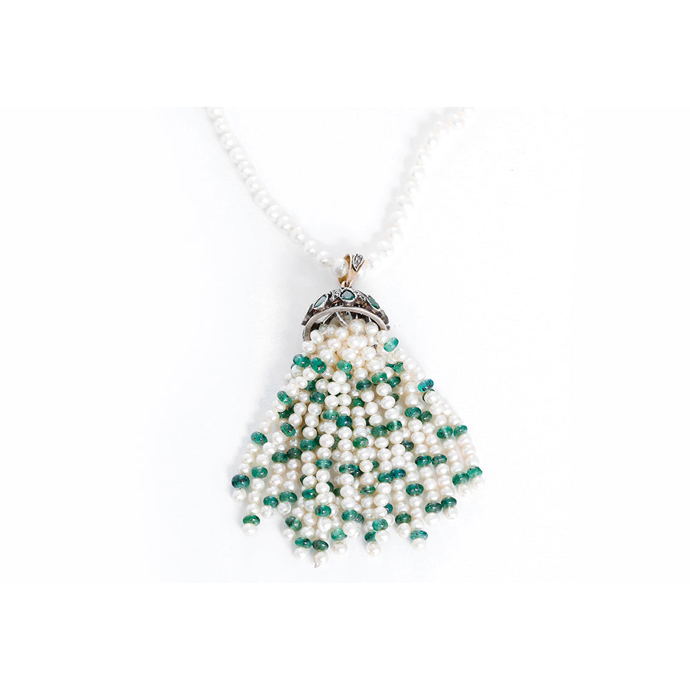 Amazing Emerald, Diamond, and Pearl Tassel Necklace