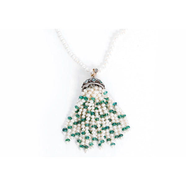 Amazing Emerald, Diamond, and Pearl Tassel Necklace