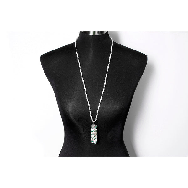 Amazing Emerald, Diamond, and Pearl Tassel Necklace